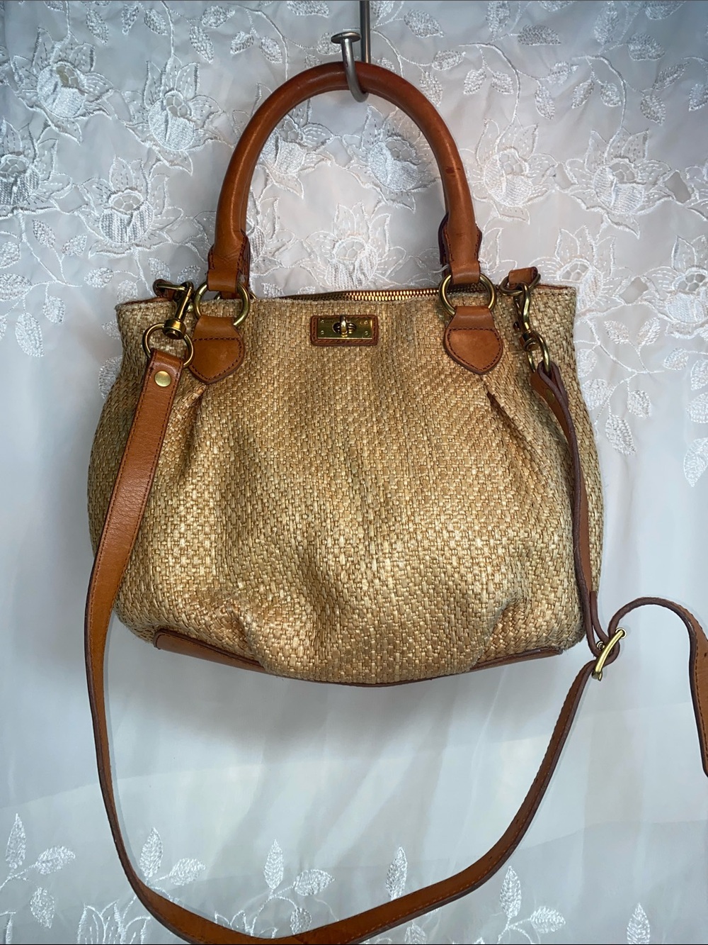 J. Crew Brompton Woven Straw Shoulder Bag with Tan Leather Trim